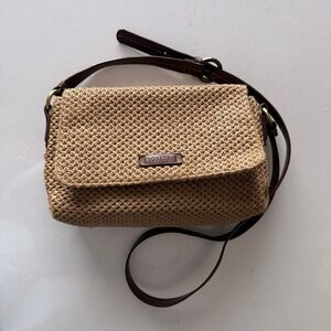 Rosetti Woven Straw Crossbody Bag Tan Brown Adjustable Strap Flap Top Pocket